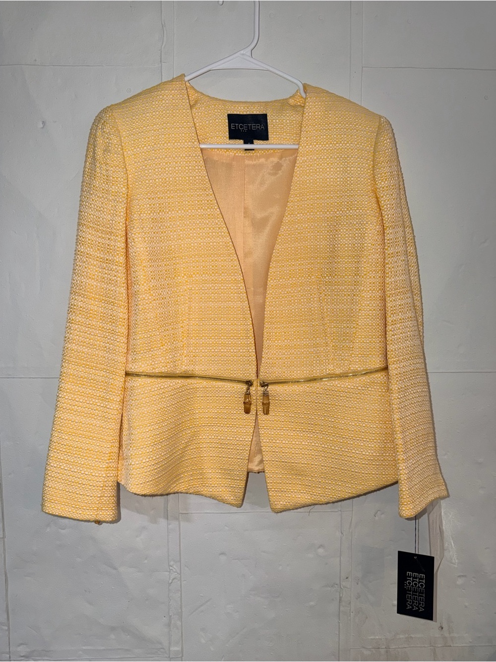 NWT Etcetera size 4 Yellow Tweed Open Front blazer jacket with zipper detail